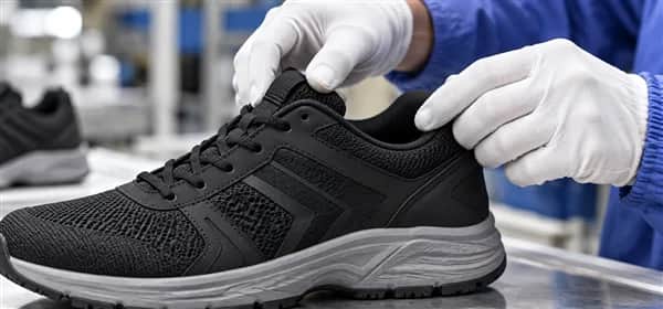Close-up of gloved hands reviewing a sneaker upper and its visible finishing details.
